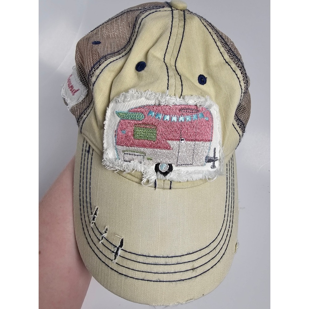 Backroads Bound Camper Trailer Distressed Trucker Hat Tan Navy Mesh Back Cap